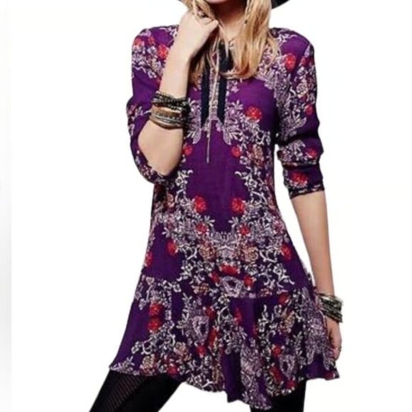 Free People Smooth Talker Tunic Mini Dress Long Sleeve Floral Purple Size Medium - Picture 2 of 9